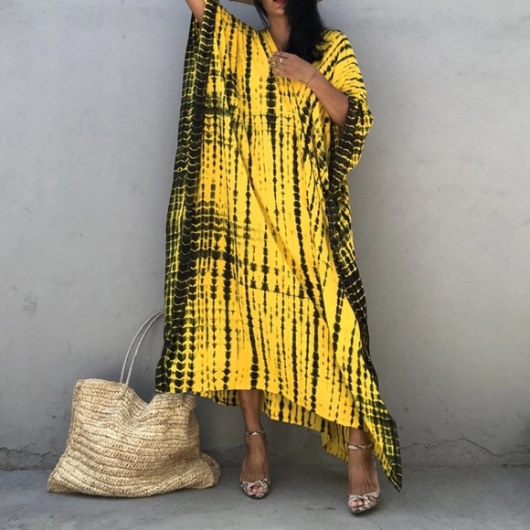 Yellow & Black Bohemian Tie Dye Kaftan Kimono Dress - Picture 2 of 9